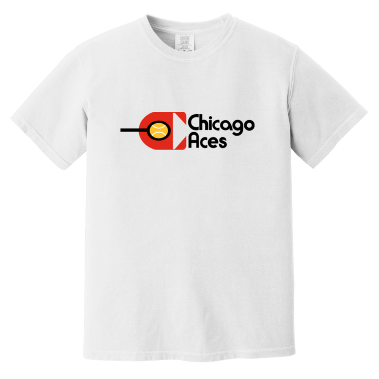 Vintage-style Chicago Aces WTT T-shirt with retro 1970s team logo graphic in white