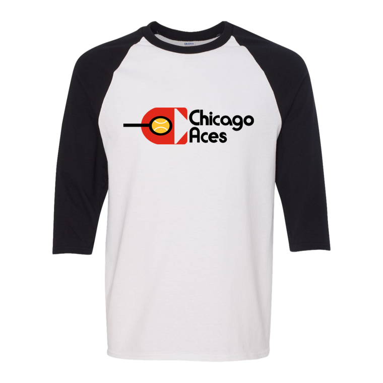Retro Chicago Aces raglan 3/4 sleeve shirt featuring vintage WTT tennis team logo in white/black