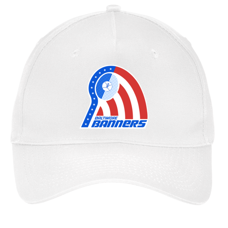 Vintage Baltimore Banners World Team Tennis twill cap with seamless 5-panel front and retro logo in white