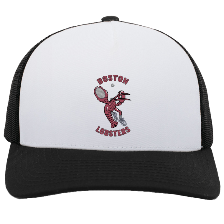 Vintage Boston Lobsters World Team Tennis trucker cap with seamless 5-panel front and retro logo in white/black