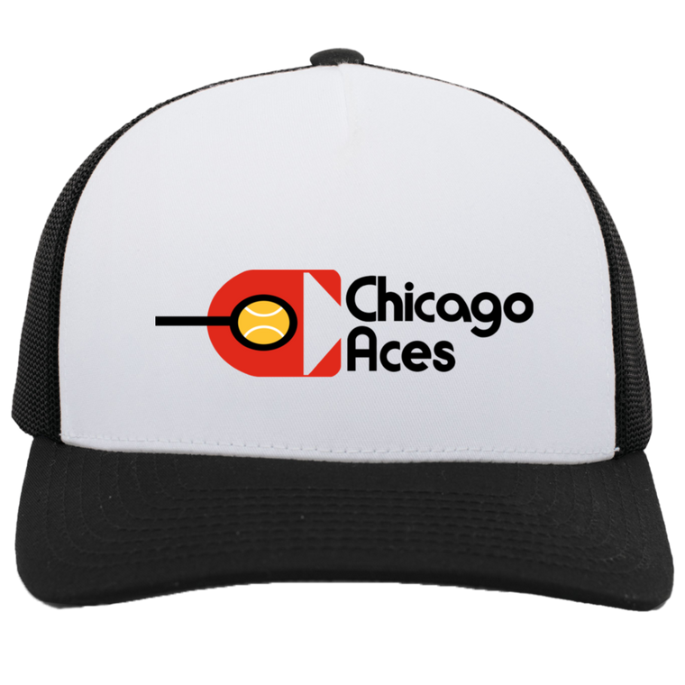 Vintage Chicago Aces World Team Tennis trucker cap with seamless 5-panel front and retro logo in white/black