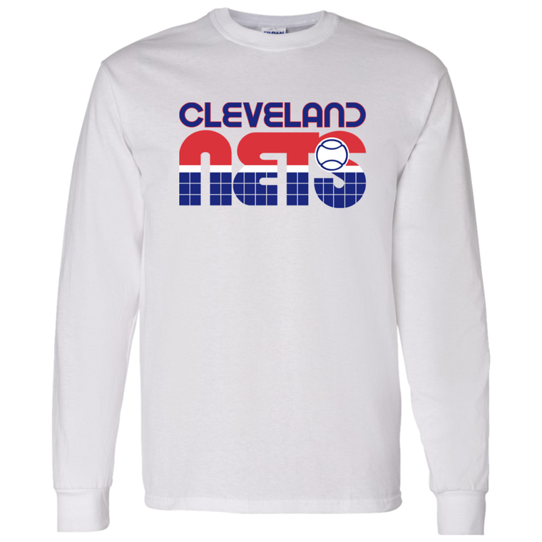 Vintage-style Cleveland Nets WTT long sleeve T-shirt with retro 1970s tennis team logo graphic in white