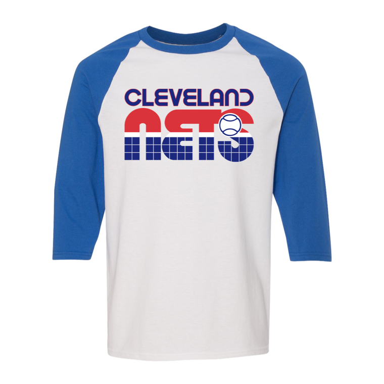 Retro Cleveland Nets raglan 3/4 sleeve t-shirt featuring vintage WTT tennis team logo in white/royal blue
