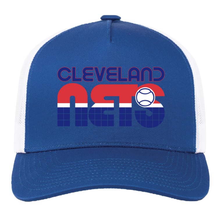 Vintage Cleveland Nets World Team Tennis trucker cap with seamless 5-panel front and retro logo in royal blue/white