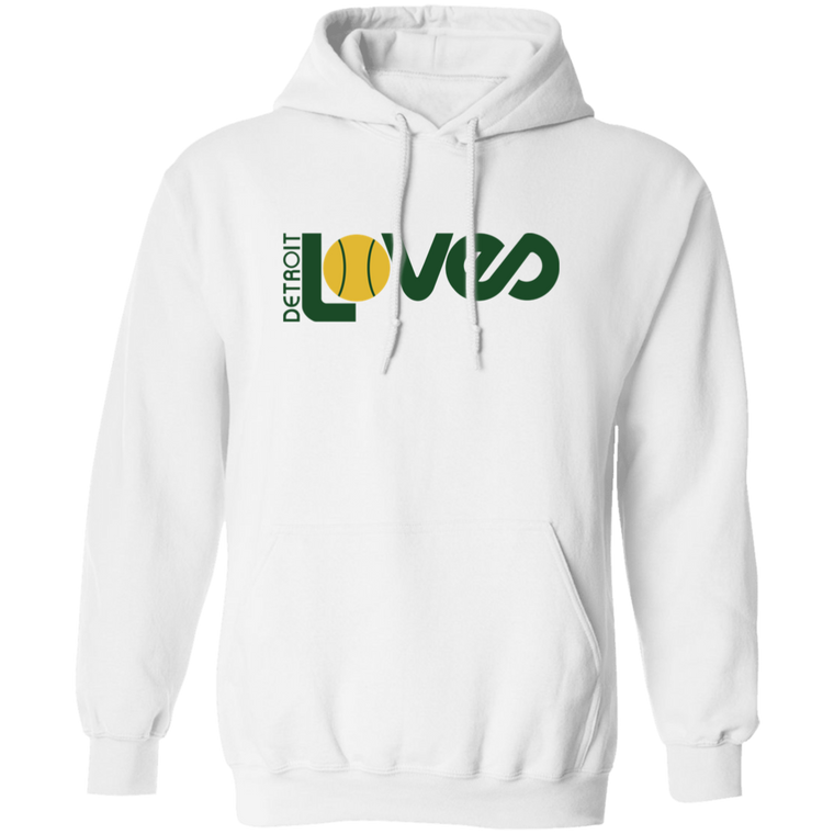 Retro Detroit Loves pullover hoodie featuring vintage WTT tennis team logo in white