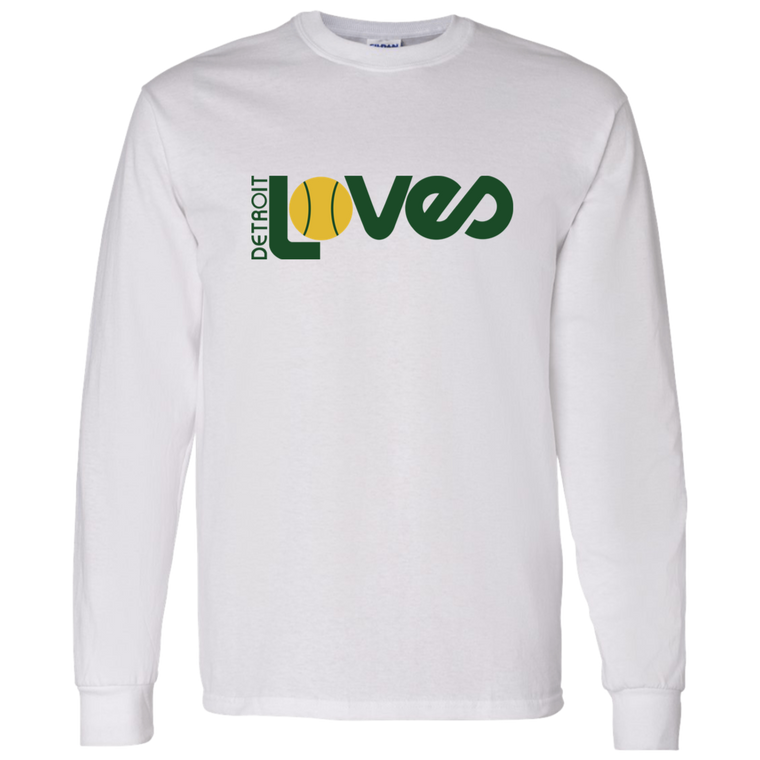 Vintage-style Detroit Loves WTT long sleeve T-shirt with retro 1970s tennis team logo graphic in white