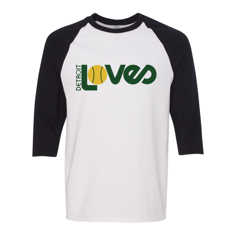 Retro Detroit Loves raglan 3/4 sleeve t-shirt featuring vintage WTT tennis team logo in white/black