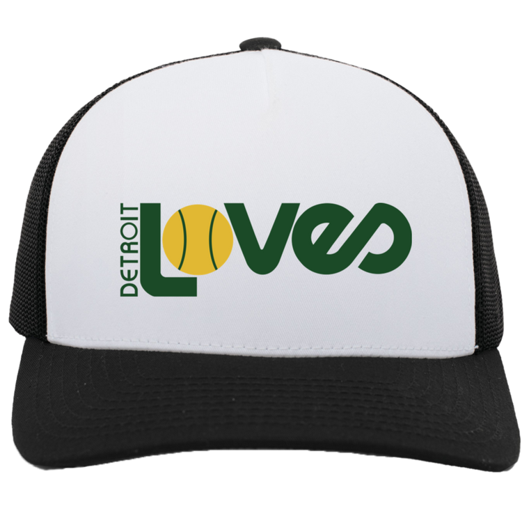 Vintage Detroit Loves World Team Tennis trucker cap with seamless 5-panel front and retro logo in white/black