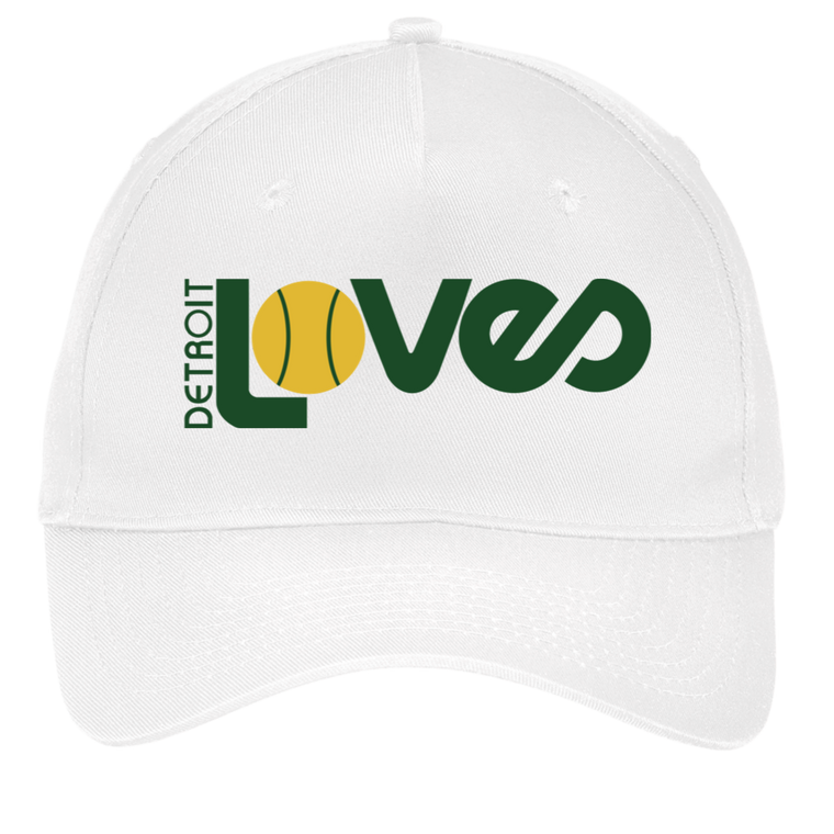 Vintage Detroit Loves World Team Tennis twill cap with seamless 5-panel front and retro logo in white