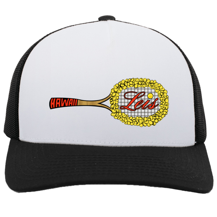Vintage Hawaii Leis World Team Tennis trucker cap with seamless 5-panel front and retro logo in white/black