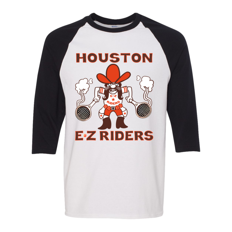 Retro Houston E-Z Riders raglan 3/4 sleeve t-shirt featuring vintage WTT tennis team logo in white/black