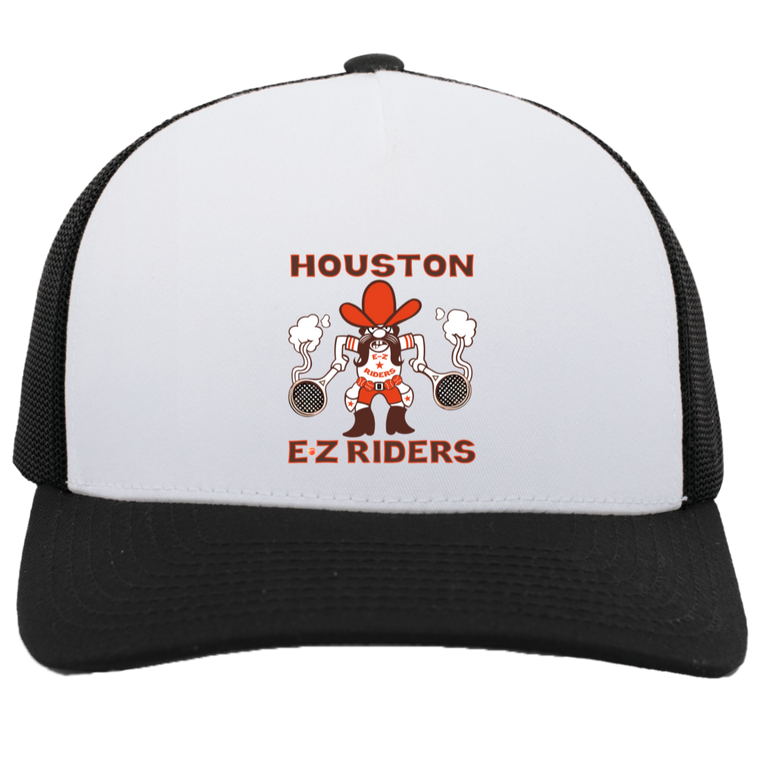 Vintage Houston E-Z Riders World Team Tennis trucker cap with seamless 5-panel front and retro logo in white/black