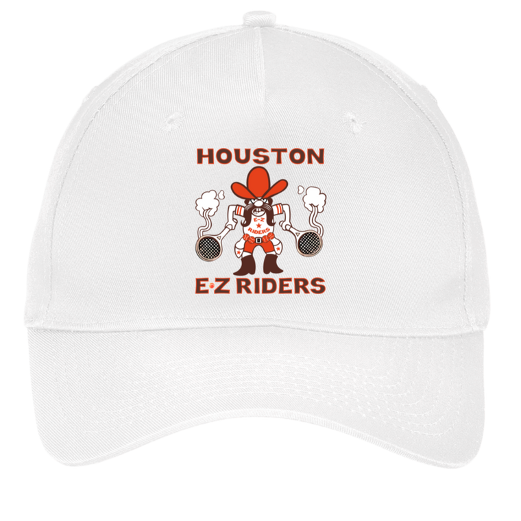 Vintage Houston E-Z Riders World Team Tennis twill cap with seamless 5-panel front and retro logo in white