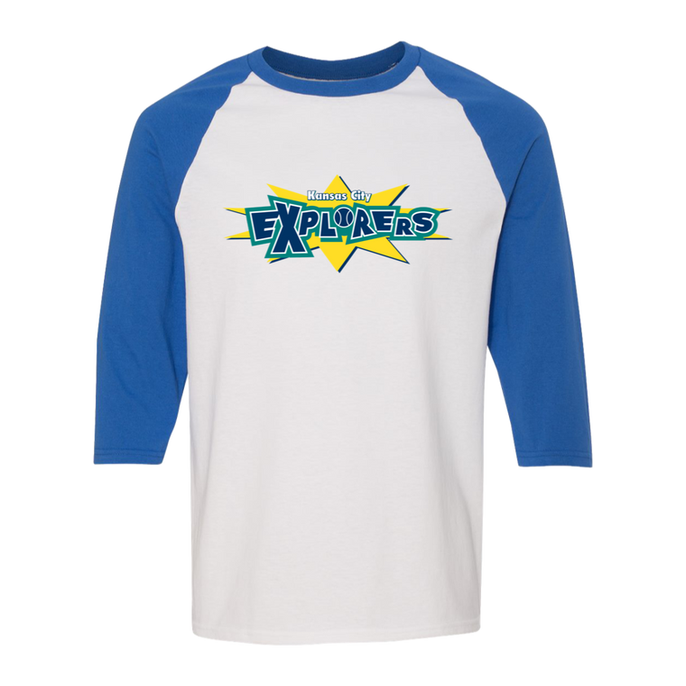 Retro Kansas City Explorers raglan 3/4 sleeve t-shirt featuring vintage WTT tennis team logo in white/royal blue