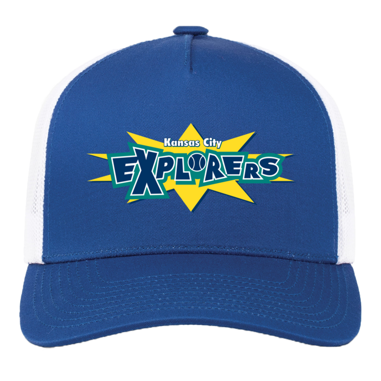 Vintage Kansas City Explorers World Team Tennis trucker cap with seamless 5-panel front and retro logo in royal blue/white