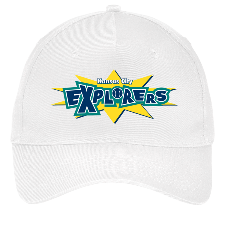 Vintage Kansas City Explorers World Team Tennis twill cap with seamless 5-panel front and retro logo in white