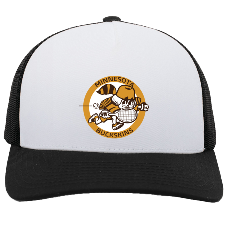 Vintage Minnesota Buckskins World Team Tennis trucker cap with seamless 5-panel front and retro logo in white/black