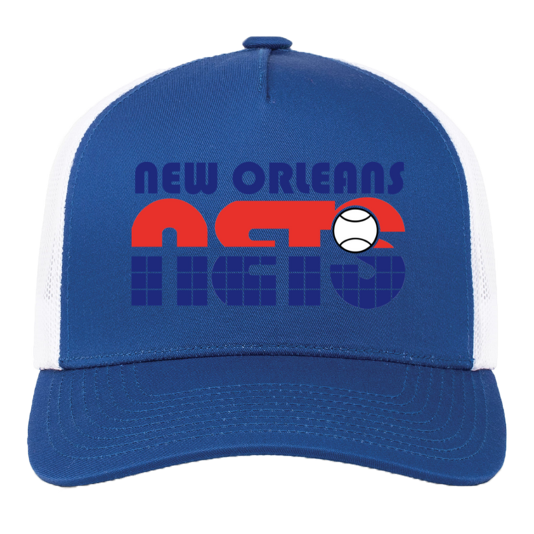 Vintage x World Team Tennis trucker cap with seamless 5-panel front and retro logo in royal blue/white