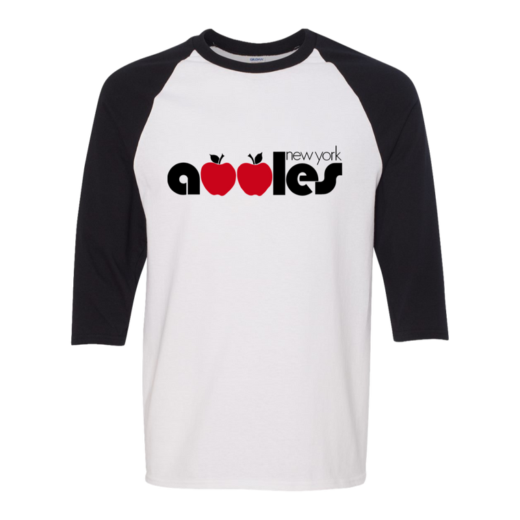 Retro New York Apples raglan 3/4 sleeve t-shirt featuring vintage WTT tennis team logo in white/black