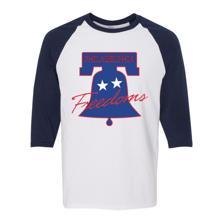 Retro Philadelphia Freedoms raglan 3/4 sleeve t-shirt featuring vintage WTT tennis team logo in white/navy