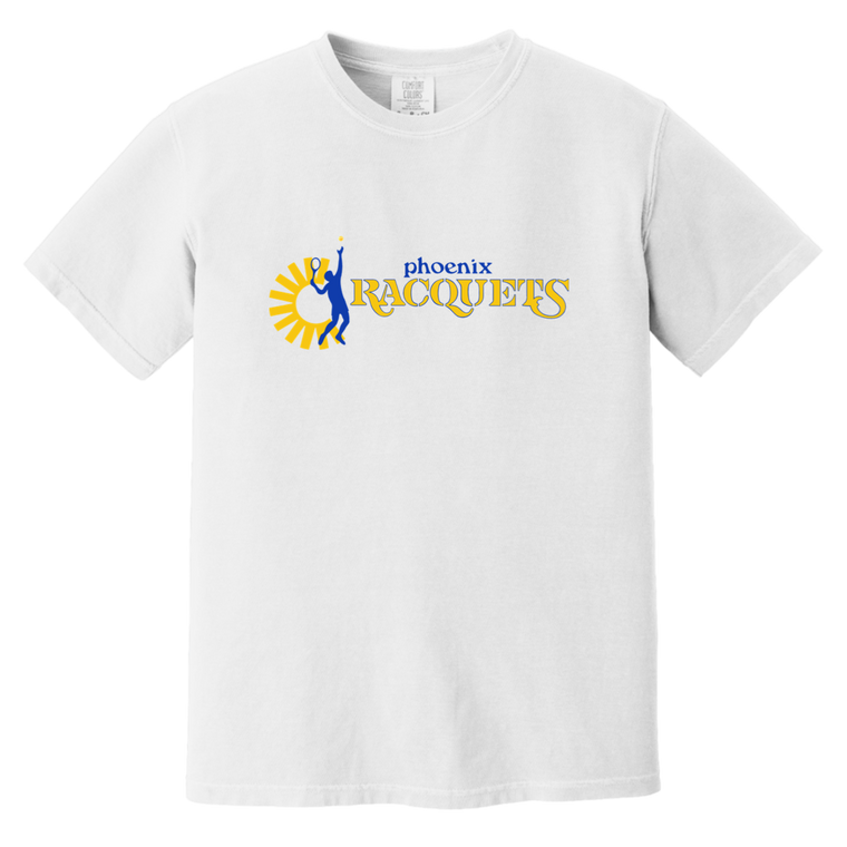 Vintage-style Phoenix Racquets WTT T-shirt with retro 1970s tennis team logo graphic in white