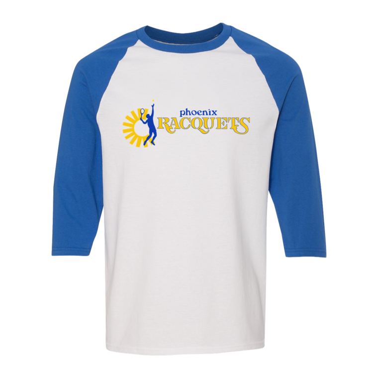 Retro Phoenix Racquets raglan 3/4 sleeve t-shirt featuring vintage WTT tennis team logo in white/royal blue