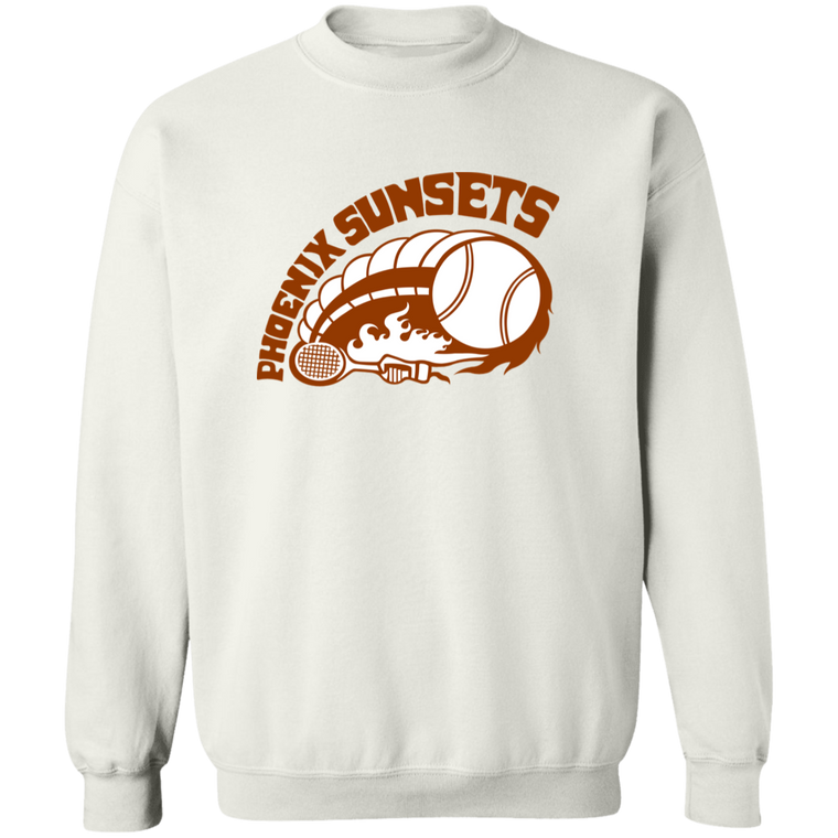 Retro Phoenix Sunsets crewneck pullover sweatshirt featuring vintage WTT tennis team logo in white