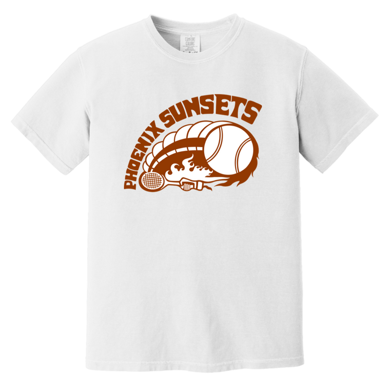 Vintage-style Phoenix Sunsets WTT T-shirt with retro 1970s tennis team logo graphic in white