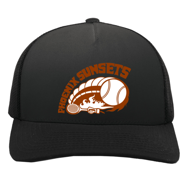 Vintage x World Team Tennis trucker cap with seamless 5-panel front and retro logo in black/black