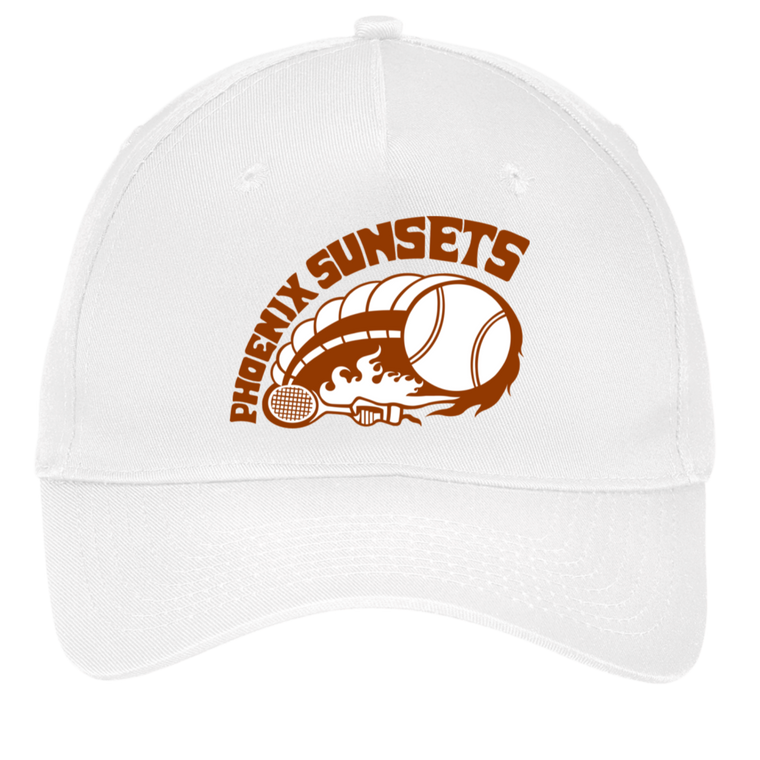Vintage Phoenix Sunsets World Team Tennis twill cap with seamless 5-panel front and retro logo in white