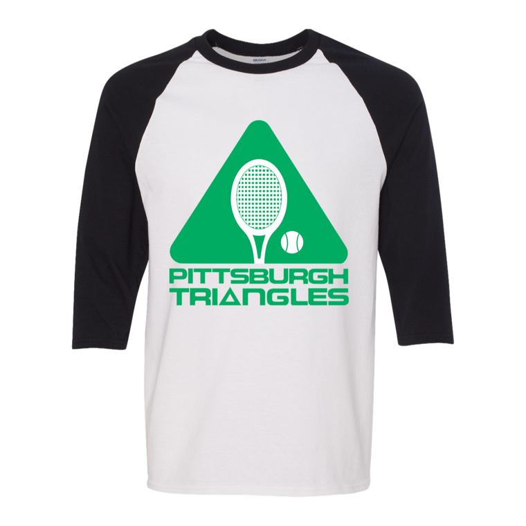 Retro Pittsburgh Triangles raglan 3/4 sleeve t-shirt featuring vintage WTT tennis team logo in white/black