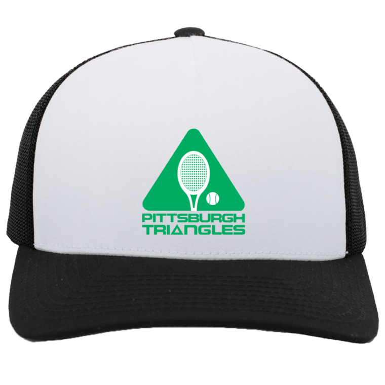 Pittsburgh Triangles World Team Tennis trucker cap with seamless 5-panel front and retro logo in white/black