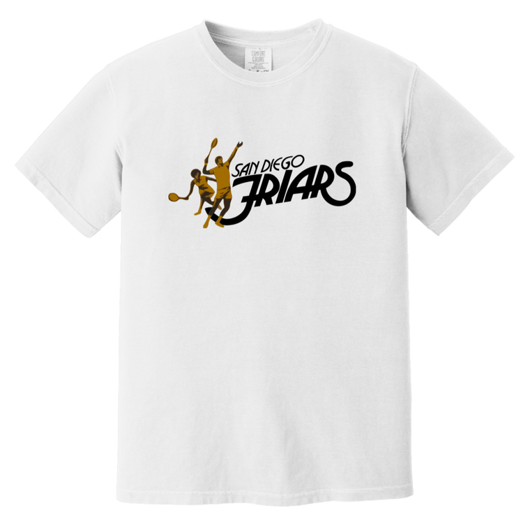 Vintage-style San Diego Friars WTT T-shirt with retro 1970s tennis team logo graphic in white