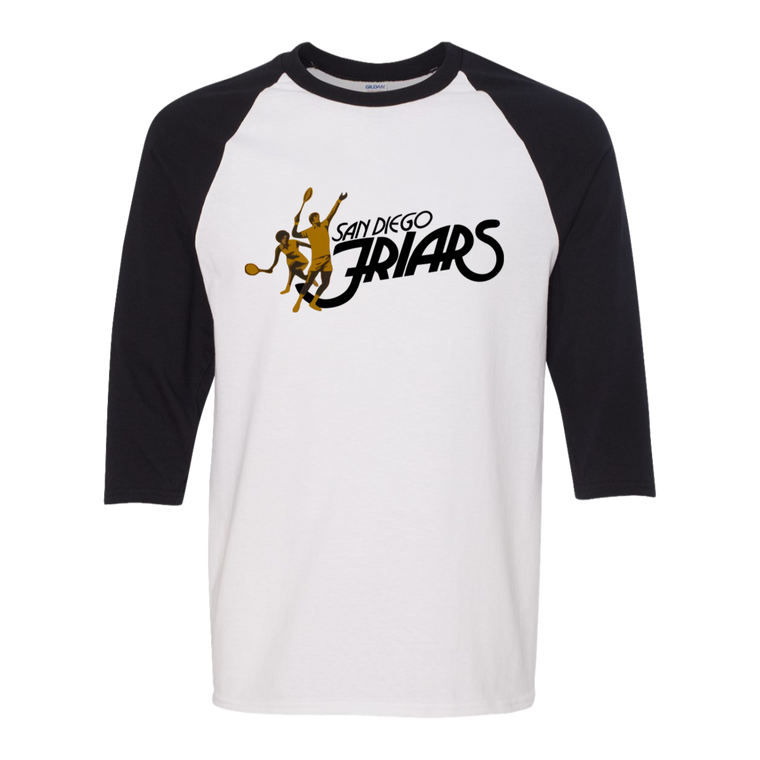 Retro San Diego Friars raglan 3/4 sleeve t-shirt featuring vintage WTT tennis team logo in white/black