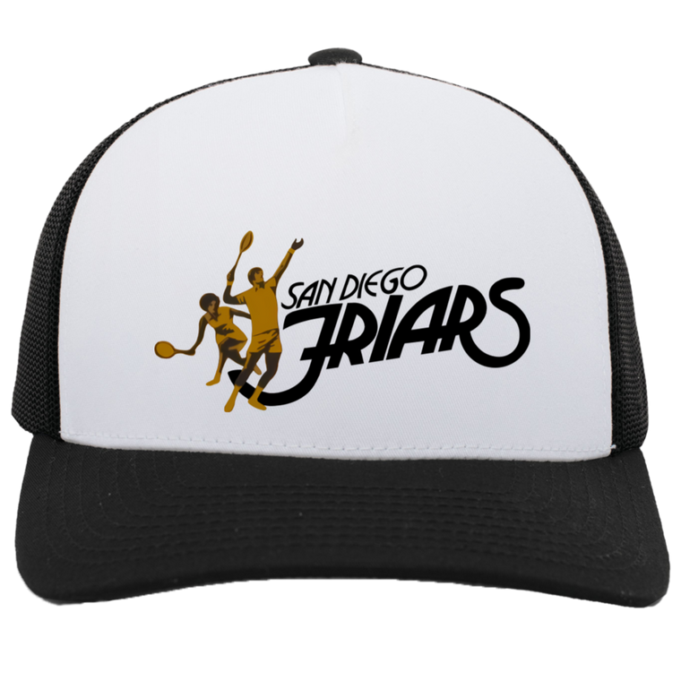 Retro San Diego Friars World Team Tennis trucker cap with seamless 5-panel front and retro logo in white/black