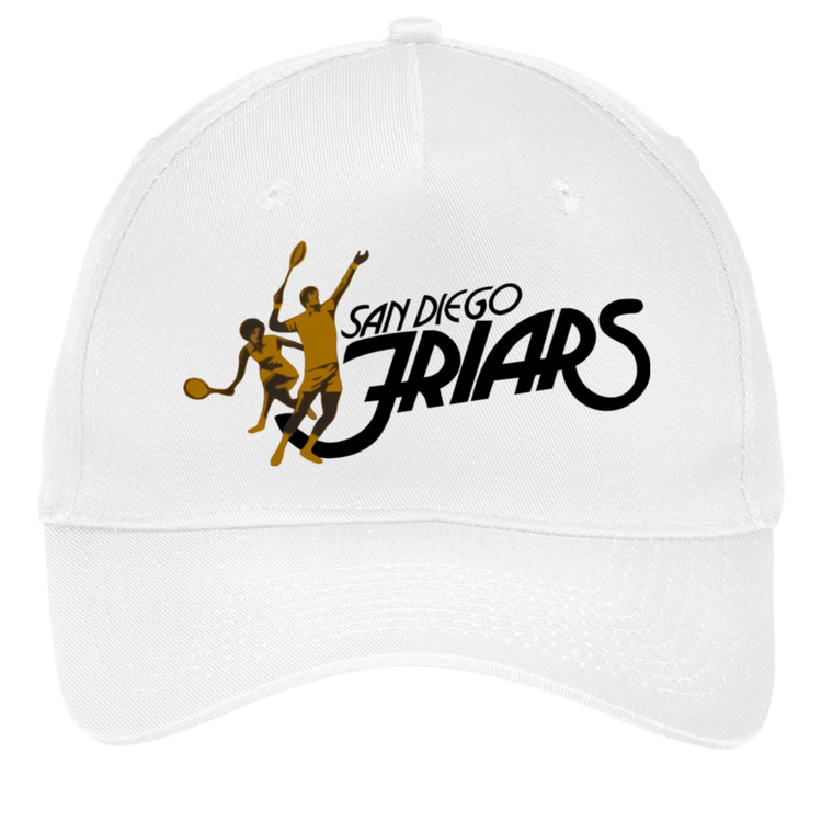 Vintage San Diego Friars World Team Tennis twill cap with seamless 5-panel front and retro logo in white