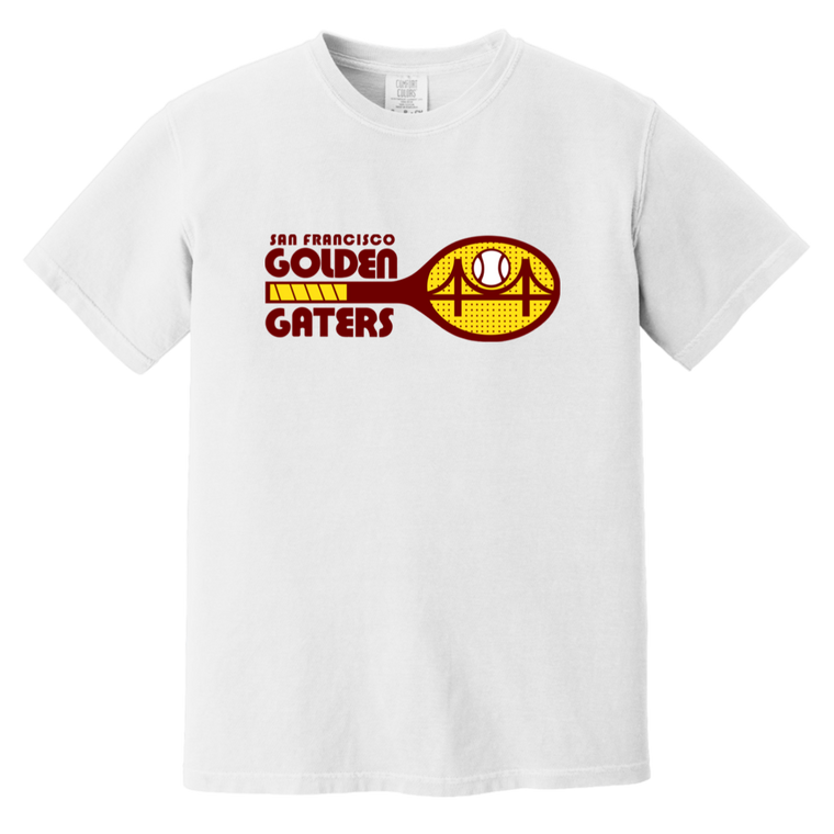 Vintage-style San Francisco Golden Gaters WTT T-shirt with retro 1970s tennis team logo graphic in white