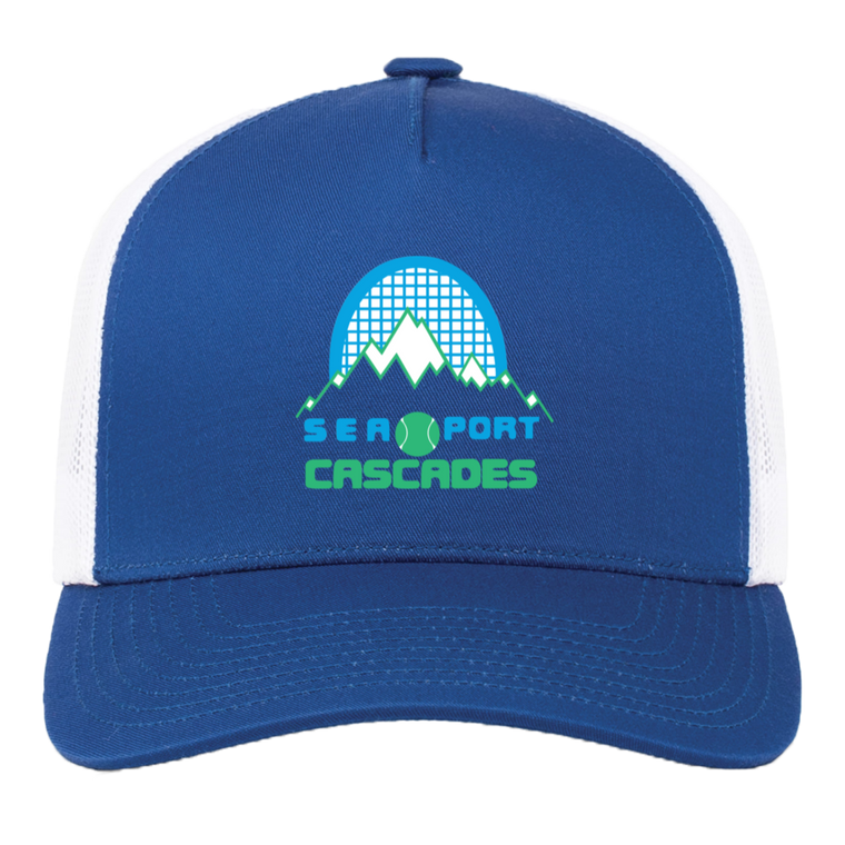 Vintage Sea Port Cascades World Team Tennis trucker cap with seamless 5-panel front and retro logo in royal blue/white