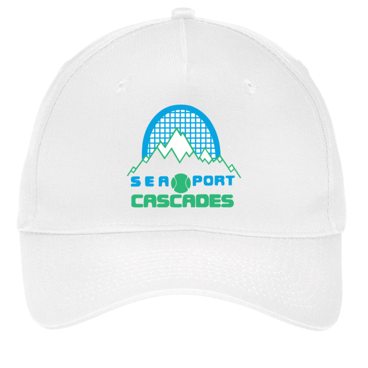 Vintage Sea Port Cascades World Team Tennis twill cap with seamless 5-panel front and retro logo in white