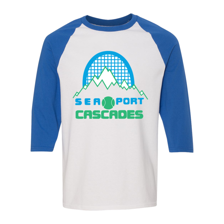 Retro Sea Port Cascades raglan 3/4 sleeve t-shirt featuring vintage WTT tennis team logo in white/royal blue