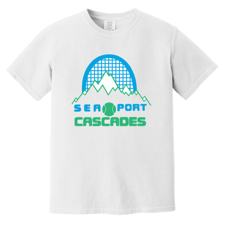 Vintage-style Sea Port Cascades WTT T-shirt with retro 1970s tennis team logo graphic in white
