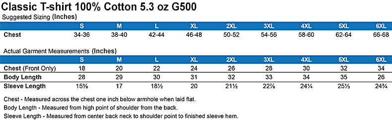 Gildan G500 Size Chart