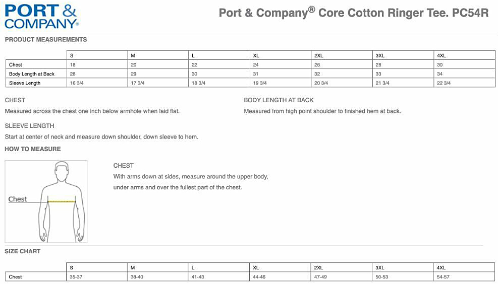 Ringer T-shirt Size Chart