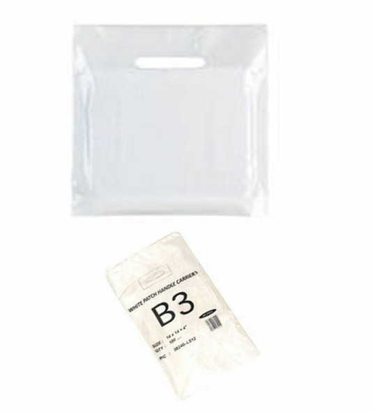White plastic patch handle carrier bag B3 – strong single-use retail gift and takeaway bag