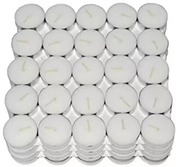 Bulk case of 50-pack 4 hour tealight candles – unscented long-burn white wax tealights in foil cups