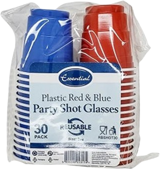 30-pack Essential Extra Value red & blue plastic shot glasses – 2oz party cups