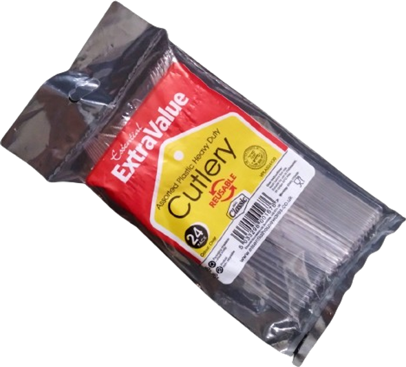 Essential Extra Value assorted clear reusable cutlery – 24pc pack
