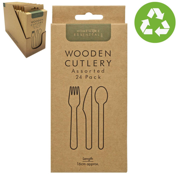 Essential Eco 24 assorted wooden cutlery set – forks, knives & spoons biodegradable