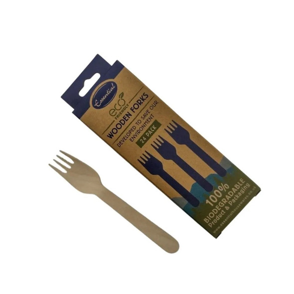 Full case of Essential Eco wooden biodegradable forks – 24-pack per unit