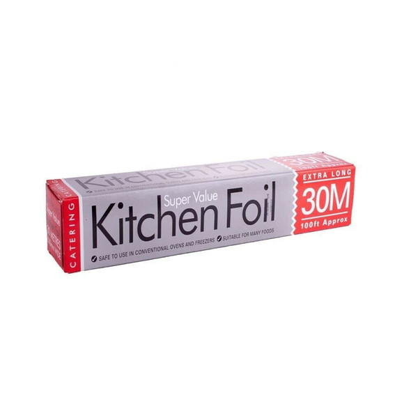 30m EV aluminium kitchen foil roll – 300mm wide, 10 micron, food-safe